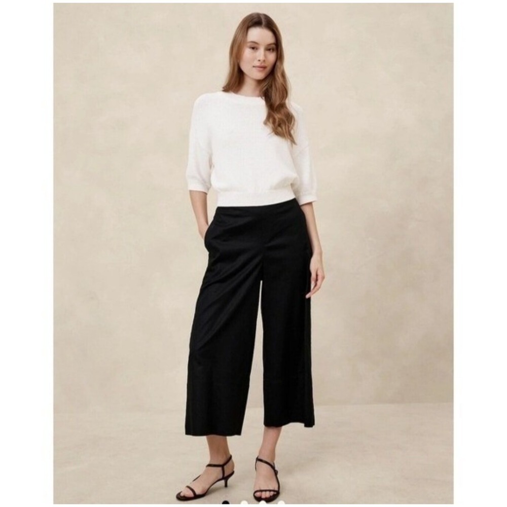 New Banana Republic Linen Blend Pants Medium Wide Leg Cropped Flowy Black Cruise